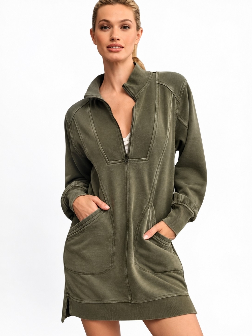 Anthropologie Olive Green Half-Zip Swim Coverup Tunic